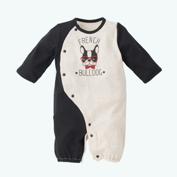 スムースブルドッグプリント長袖コンビドレス