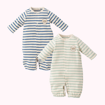 スムースボーダーくまアップリケ付き長袖コンビドレス