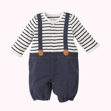 スムース切り替えボーダーサスペンダー長袖コンビドレス