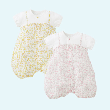 シーチング切り替え花柄半袖ロンパース