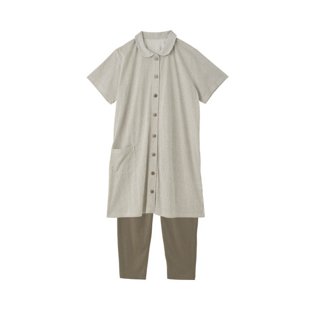 綿混襟付きストライプ半袖パジャマ