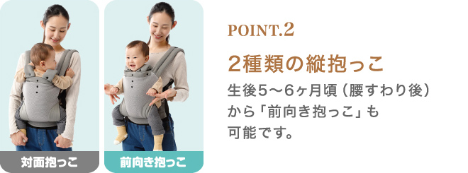 2種類の縦抱っこ：生後5～6ヶ月頃（腰すわり後）から「前向き抱っこ」も可能です。