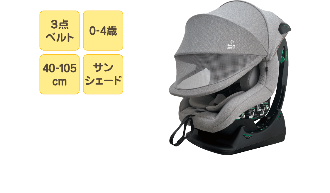 3点ベルト、0-4歳、40-105cm、サンシェード