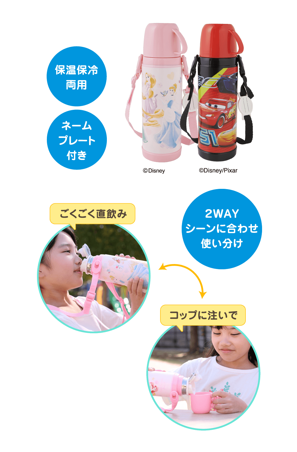 保温保冷両用、ネームプレート付き。「ごくごく直飲み」と「コップに注いで」2WAYシーンに合わせ使い分け。